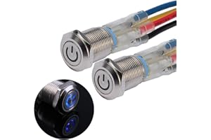 JIQI 2× 12mm Momentane Druckschalter 12V bis 24V 2A IP66 1NO mit Power Symbol LED, wasserdichte Taster aus Metall mit Verbindungsdrähten Momentary Push Button Switch für Boot LKW RV Auto (Blau)