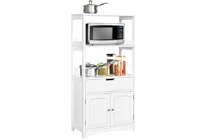CASART Bathroom Storage Cabinet, Wooden Floor Cupboard with Open Shelves, Drawer and Doors, Freestanding Storage Units for Living Room Kitchen Office (White)