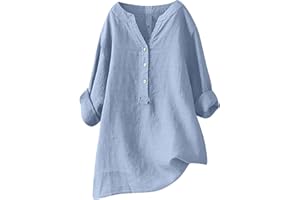 HAOLEI Chemise Lin Femme Chemisier Coton Et Lin pour Femmes Col en V Bouton Manches Longues Tops Couleur Unie LâChe Respirant T-Shirts Grande Taille Pas Casual Tunique Blouse