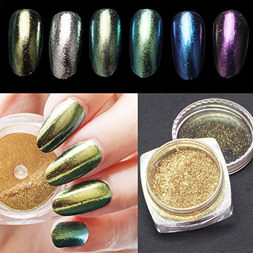 6 Farben Nagel Pigment Mirror Powder,Nail Glitzer Spiegel Effekt Pulver Glitter, CIDBEST® Spiegel Pulver, Mirror Nail Glitter Powder, Nagelkunst DIY Dekoration, Nageldesign Chrome Pigment-glänzendes Metallic Nail (2g/Stück) - 2