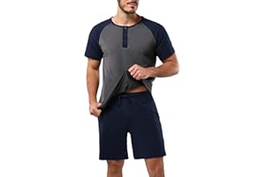 Aseniza Pyjama Homme Court en Bouton Ensembles de Pyjama Coton à Manches Courtes Vêtements de Nuit Été T-Shirt et Short avec Poches Casual Vêtement d'Intérieur