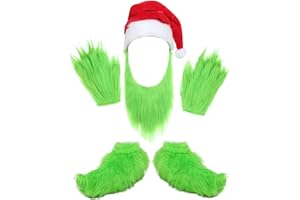 Yearsahrk Guantes Grinch verdes Manos peludas Monstruo Cubiertas de zapatos Gorro de Navidad Traje de Navidad Accesorios Halloween Regalos