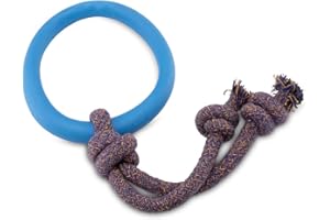 Beco Pets Hoop on Rope - Natural Rubber Hoop and Cotton Rope Tug and Chew Toy for Dogs - S - Blue