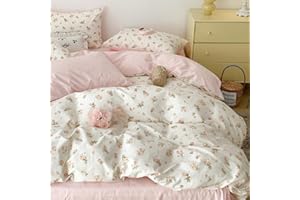 ‎LANQINGLV Lanqinglv Bettwäsche 135x200 cm Rosa Weiß Blumen Blätter Wende Bettwäsche für Allergiker,Aesthetic Bettwäsche Set ÖKO-TEX Bettbezug mit Reißverschluss und 1 Kissenbezug 80x80 cm