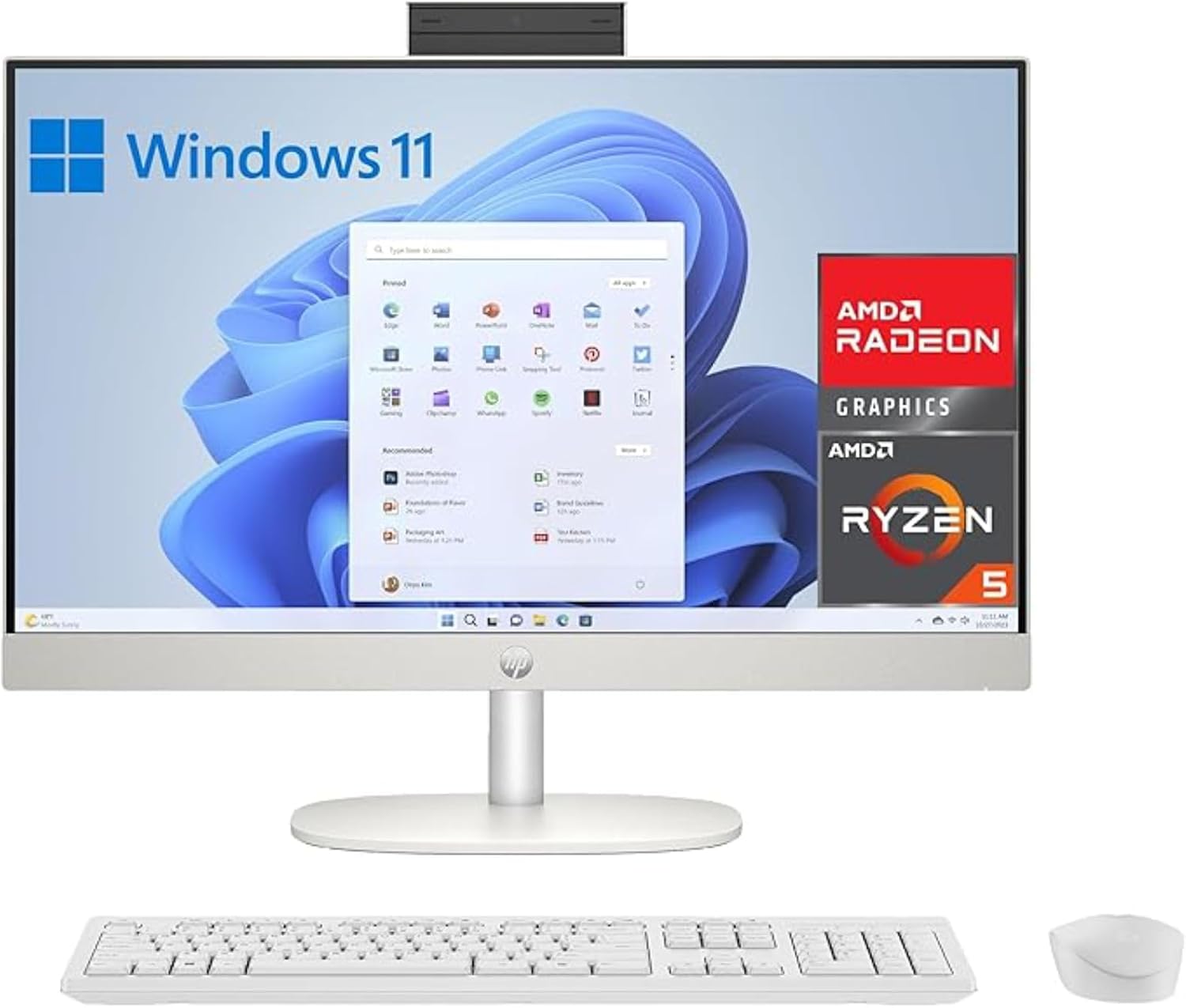 HP All-in-One 24-cr0007ss - Ordenador de sobremesa 23,8" Full HD con cámara, Teclado y ratón inalámbricos (AMD Ryzen 5 7520U, 16GB RAM, 512GB SSD, AMD Radeon Graphics, Windows 11 Home) Blanco