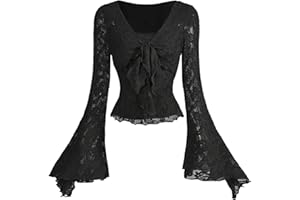 GORGLITTER Damska koszulka z dekoltem w kształcie litery V, z długim rękawem, z odkrytym brzuchem, z węzłami z przodu, koszulka rekreacyjna z koronką