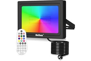 MEIHUA Reflektor RGB 60 W z pilotem zdalnego sterowania, klasa wodoszczelności IP66, możliwość ściemniania, 10 kolorów, 12 trybów pracy, z timerem, reflektor RGB, kolorowy, do ogrodu, na dyskotekę