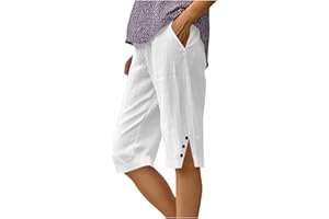 GENERIC Womens Cotton Linen Shorts UK Summer Knee Length Bermuda Pants with Pockets Wide Leg Lightweight Breathable Capri Pants Casual Comfy Holiday Beach Shorts, Size S-5XL