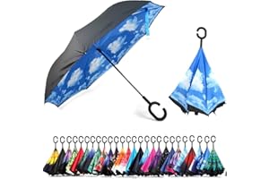 CICILIAYA Double Layer Folding Inverted Umbrella, Self Stand Upside-down Rain Protection Car Reverse Umbrellas with C-shaped Handle Big Straight Umbrella