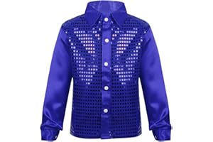 inlzdz Boys Kids Long Sleeve Shiny Sequin Shirt Hip-hop Jazz Stree Choir Dance Shirt Top Stage Fancy Costume