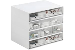 WIKSITE Desktop Drawers, Desktop Storage Drawers Stackable Organizer Plastic Storage Drawers Clear Drawers for Collection Small Item Home Collection Cosmetic Office Supplies 7 Drawers Large Capacity-White