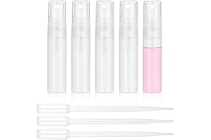 Bewudy 5 mini botellas pulverizadoras, mini botellas de plástico de 5 ml vacías con 3 pipetas de transferencia, mini botella de perfume recargable de niebla fina, atomizador de perfume, botella de