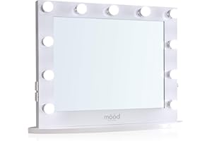 MOOD Hollywood Vanity Mirror with 2 Plug Sockets & 2 USB Ports LED Dimmer Light Bulbs, for Dressing table or Wall Mounted Table Top for Makeup White Beverley HW02 65(H) x80(W) x6.5(D) cm