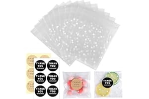 HEMIKS 100 Stück Selbstklebende Süssigkeiten Tüte, 10 x 10 cm Kekstüten Transparent Weiße Tupfen, Geschenktüten Transparent mit 100 Dankeschön-tags für Halloween Weihnachtsfeier Süßigkeiten Schokoladen
