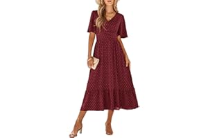 IFFEI Women Summer Maxi Dresses V Neck Chiffon Ruffle Sleeve Swiss Dots A-Line Dress Stretchy High Waist Flowy Dress