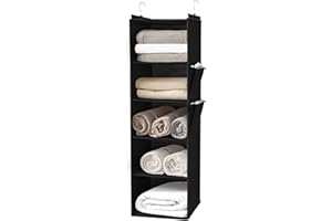 DPWEION Hanging Storage Shelves with 5 Shelves Foldable Hanging Wardrobe Closet Organiser Unit with 2 Side Pockets for Clothes Accessories for Bedroom(Black)