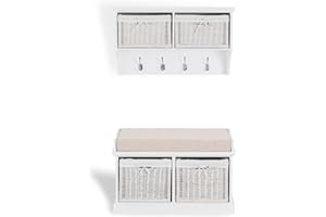 Tetbury Hallway Coat Rack and Bench set with 2 white wicker baskets, Quality FULLY ASSEMBLED hallway furniture