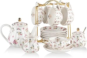 Sweejar Home Porcelain Tea Sets British Royal Series,Cups & Saucer Service for 6, with Teapot Cream Pitcher Teaspoons and Tea Strainer, Suitable for High Tea (FloralD)