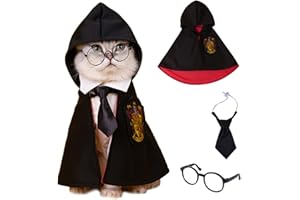 PREVENTLY Zauberer Kostüm für Hunde Katzen Umhang mit Brille Krawatte Halloween Haustier Kleidung Magische Hexerei Cosplay Robe Set