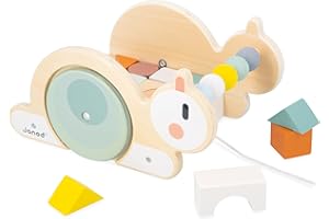 Janod - Chariot Cube Escargot Sweet Cocoon - Jouet d'Éveil - Développement Dextérité et Imagination - Jouet à Tirer + 16 Cubes de Construction - Jouet en Bois FSC - Dès 18 Mois,J04054