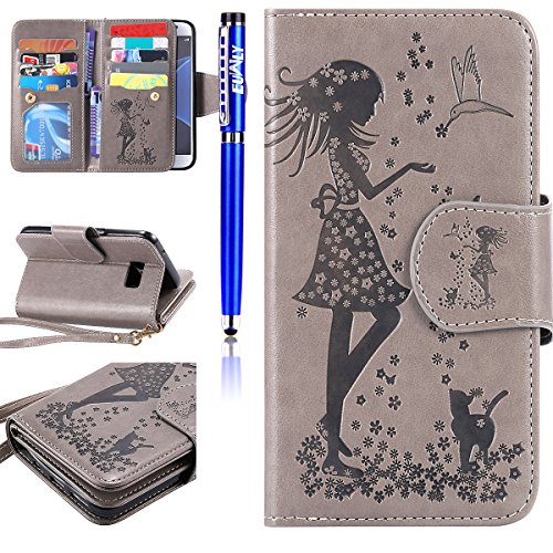 Preisvergleich Produktbild FESELE Schmetterling Lederhülle für [Samsung Galaxy S7] Ledertasche Handytasche Lanyard Brieftasche Hülle, Samsung Galaxy S7 Prägung Katze Butterfly Muster Mädchen Leder Case Schutztasche Klappetui Schlanke Hülle Magnetverschluss Flip Cover Kartenfach und Ständer Standfunktion für Samsung Galaxy S7 + Blau Eingabestift-Katze,Grau