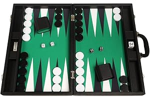 Silverman & Co. 19-inch Premium Backgammon Set - Large Size - Black Board, Green Playing Surface, Black and White Points