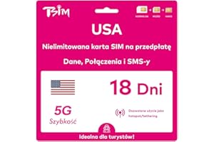 TSIM Karta SIM do USA na podróż do USA. Prepaid. Sieć T-Mobile z nielimitowanymi danymi, połączeniami i wiadomościami. Karta SIM 5G! (18 dni)