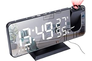 DollaTek Radiowy budzik z projektorem LED, du?y wy?wietlacz, temperatura i wilgotno?? powietrza, zegar elektroniczny, do sypialni, kuchni, na prezent – czarna muszla, bia?y, cyfrowy