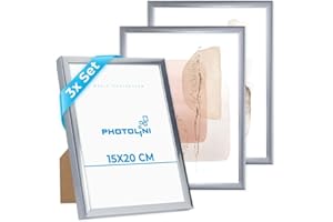 PHOTOLINI Bilderrahmen 15x20 cm Silber, 3er Set Kunststoff-Rahmen schmal, bruchsicheres Acrylglas, zum Aufstellen und Aufhängen, extra Zubehör - Dokumentenrahmen für Urkunden, Zertifikate & Fotos