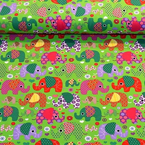 Jersey-Stoff-Kinder "Julia - Bunte Elefanten" grün / tolle Jersey Qualität / Meterware ab 25cm / UX