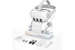GEEKERA Charging Dock for Meta Quest 3, VR Headset & Controllers Charging Stand with RGB LED Light [On/Off], VR Accessories with 2 Rechargeable Batteries for Oculus Quest 3, Fast Charging Station