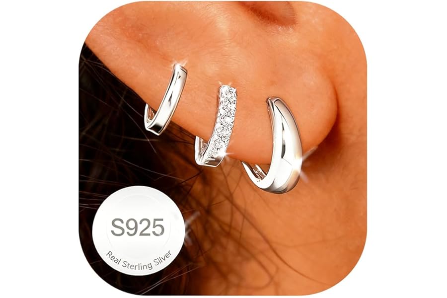 AVOTTO 3 Pairs Sterling Silver Hoops Earrings for Women Hypoallergenic 14K Gold Hoop Earrings Small Silver Huggie Hoop Earring Set for Multiple Piercings