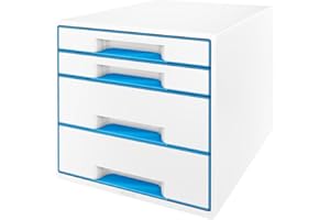 ‎LEITZ Leitz CUBE Schubladenbox mit 4 Schubladen, Weiß/Blau, A4, Inkl. transparentem Schubladeneinsatz, WOW, 52132036