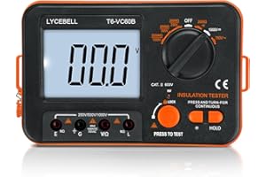 LYCEBELL Digital Insulation Resistance Tester, Megohmmeter 0.1~200 MΩ, Digital Ohmmeter with Data Hold, 250V/500V/750V/1000V Test Voltage, with Backlight Display