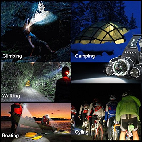 OUTERDO 5000Lumen T6 +2R5 LED Stirnlampe 4 Mode LED Kopflampe Head lamp+ 2 x 18650 Akku + AC Ladegerät Für Outdoor/Sports/Camping/Biking/Jagd/Fischerei - 6