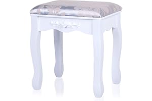 JOOLIHOME LIVING Dressing Table Stool, Fabric Art Cushion Padded Bench with Wooden Legs, White Makeup Seat Baroque Piano Chair Shoe-changing Stool for Bedroom, Living Room
