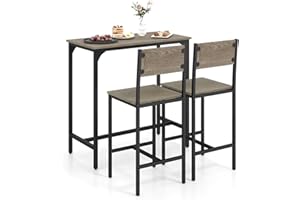 TANGZON Bar Table Set with 2 Chairs, 3PCS Breakfast Bar Set with Metal Legs & Footrests, Industrial Counter Dining Table and Chairs for Home Kitchen Pub Cafe Restaurant (Gray + Black)