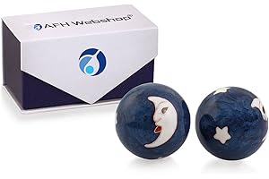 AFH WEBSHOP Meditation Qi-Gong-Kugel Paar mit Klangwerk | Klangkugeln | Yin Yan | Design MOND-STERNE-BLAU (Ø: 30mm)