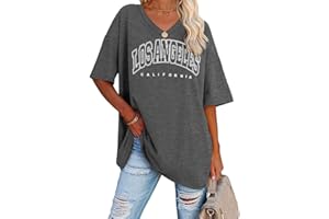 Tomwell Damen Los Angeles Brief T-Shirt mit V-Ausschnitt Kurzarm Sport Sommer Rundhals Oversized Oberteile Drucken Sweatshirt Lose Bluse Tunika Lang für Teen Girls Top