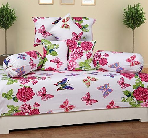 RelaxoLite 100% Soft Cotton Diwan Set Home Décorative 104 Thread Count Butterfly Print White Bedsheet With Cushion &amp; Bolster Cover Set