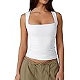 QINSEN Women's Square Neck Sleeveless Double-Layer Tank Tops Basic Tight T Shirts