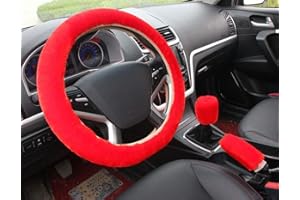 ZYNQACC Fluffy Steering Wheel Cover Set,3pcs Warm Plush Fuzzy Steering Wheel Cover Handbrake Cover Gear Shift Cover, Uinversal Wool Furry No Smell Non-Slip Interior Accessories-14.96"(38cm) (red)