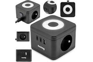 Huslog Ciabatta Multipresa Cubo 5 in 1 con 2 Prese AC, 1 USB e 2 USB-C, Interruttore con LED Dimmerabile, Cavo 1,4 m, 230V/16A, Compatta e Antiscivolo, per Casa, Ufficio e Viaggio, Nero