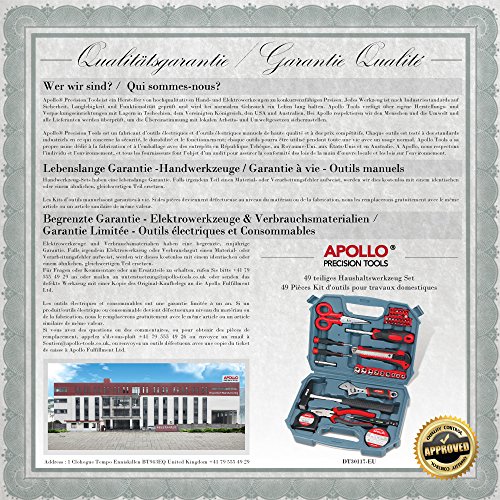 Apollo 49-teiliges Heim-Büro-Garagen-Werkzeugset inklusive 200g Schlosserhammer, verstellbarem Schraubenschlüssel, Kombizange, Blechschere, Steckschlüssel, Messer, Bit-Dreher & Schraubendreher-Bits, Präzisionsschraubendreher, Maßband & Klebeband – alles in einer kompakten Aufbewahrungsbox - 7