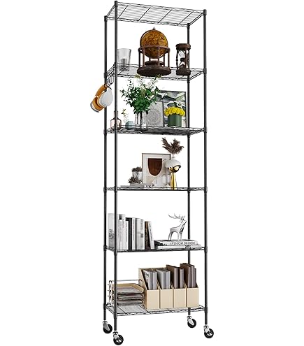 Himimi Metalen rek met 5 niveaus op wielen, keukenopbergeenheid, in hoogte verstelbaar display voor de keuken thuis, 23,2 x 13,8 x 72 inch (l x b x h), chroom