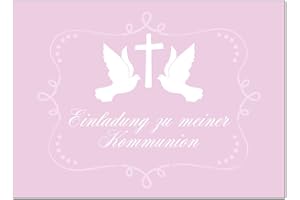 ‎EINLADUNGSKARTEN MANUFAKTUR HAMBURG 8 x Einladungskarten Kommunion mit Umschlag / 2 Tauben auf Rosa/Kommunionskarten/Einladungen zur Feier