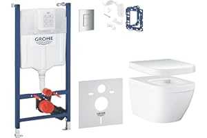 GROHE Solido Euro Keramik 39889000 Ensemble 6 en 1 comprenant WC mural avec siège, plaque de commande, élément de paroi avant, kit d'isolation acoustique, équerre murale Grohe Fresh Blanc alpin