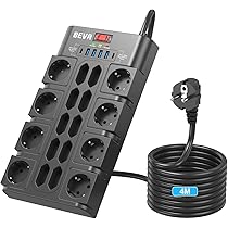 XEERUN Meervoudige Stekkerdoos met USB C, 10-voudig met Overspanningsbeveiliging, Schakelaar, 4 USB en 2 USB C Poorten, Wandmontage voor Smartphones