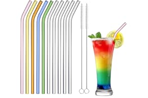 ecooe Pailles en Verre, Incurvé Pailles Réutilisables Sans BPA,10 Transparentes Pailles à Boire Coloré Φ0.8*21.5cm+2 Brosses de Nettoyage, Respectueux de L'environnement, Pour Smoothie, Cocktail, Jus