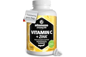 ‎VITAMAZE - AMAZING LIFE Vitamin C hochdosiert 1000 mg + Zink, vegan & optimal bioverfügbar, 180 Tabletten für 6 Monate, Natürliche Nahrungsergänzung ohne unnötige Zusatzstoffe, Made in Germany